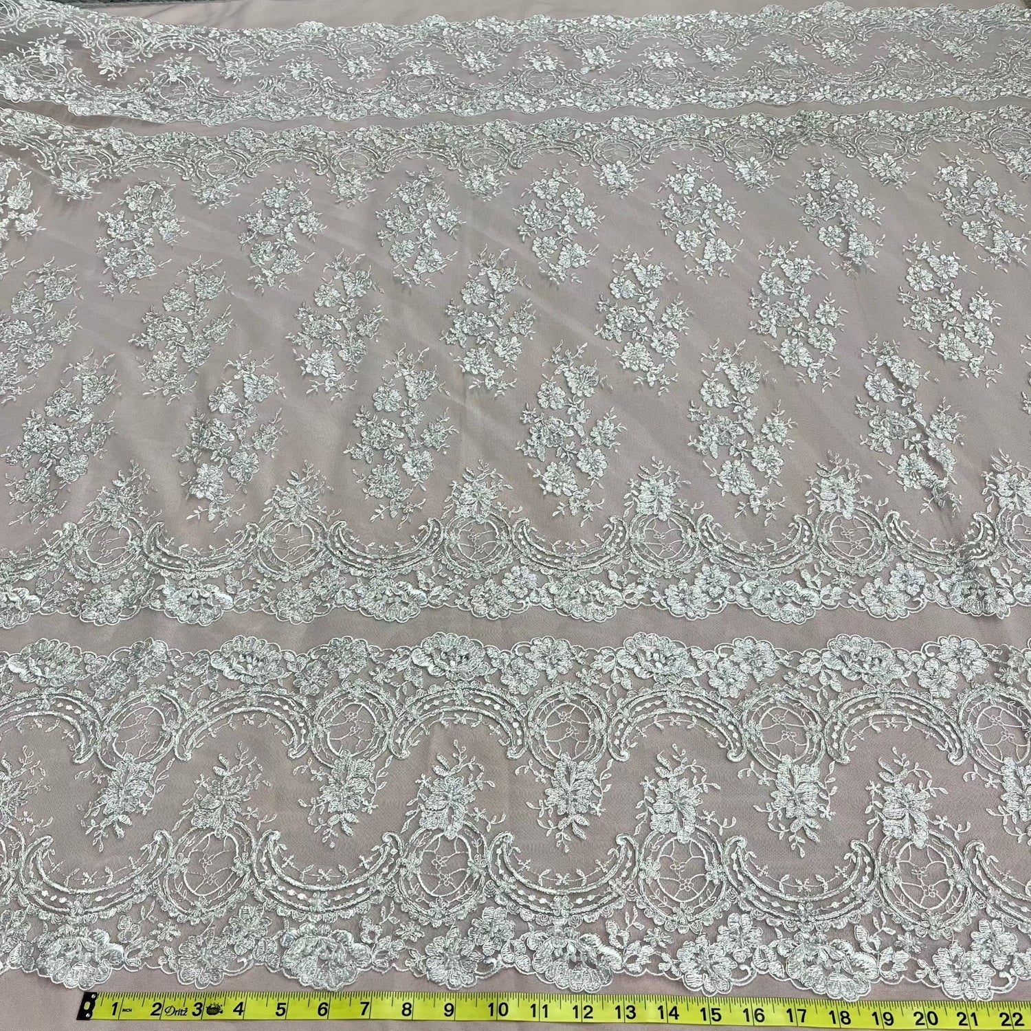 1 Yard Luxurious Beaded Corded Bridal Lace Fabric Embroidered on Premium Mesh 51