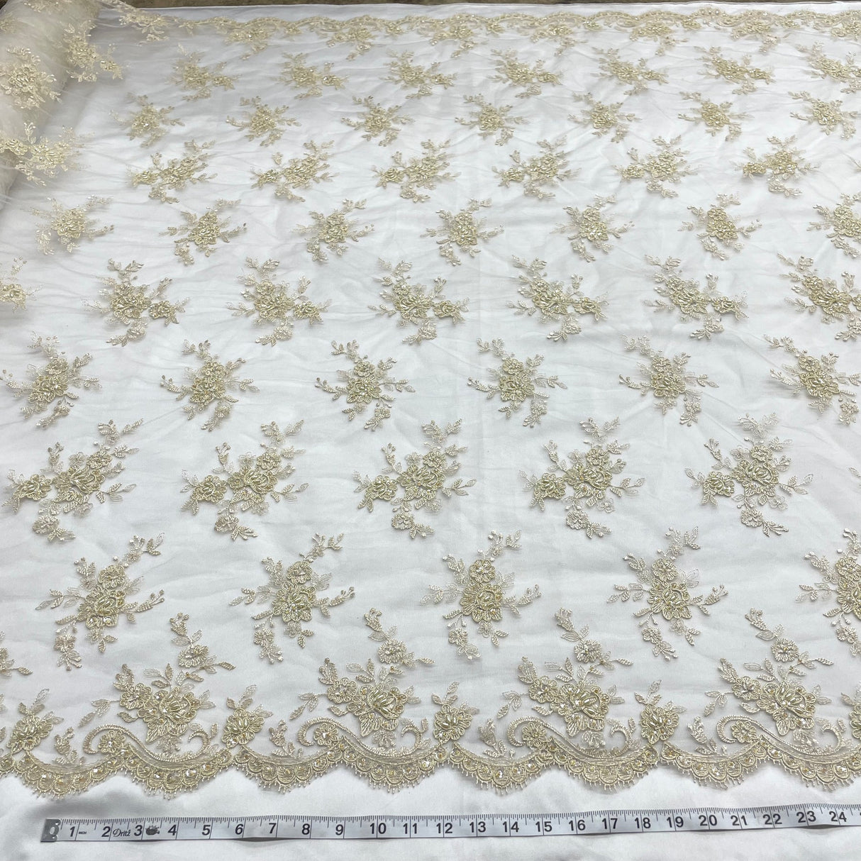 1 Yard Beaded Corded Bridal Lace Fabric Embroidered Mesh Champagne 54" Width