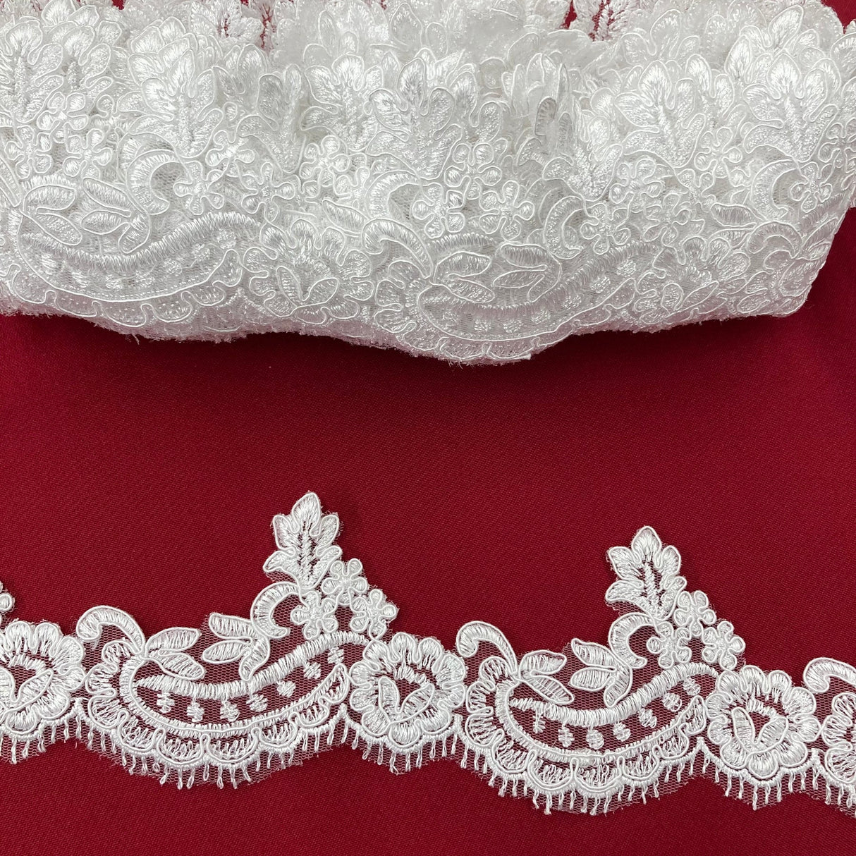 1 Yard Corded Lace Trimming on Net Mesh – 3" Wide | Handmade Embroidered Trim for Dresses & Gowns