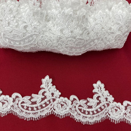 1 Yard Corded Lace Trimming on Net Mesh – 3" Wide | Handmade Embroidered Trim for Dresses & Gowns