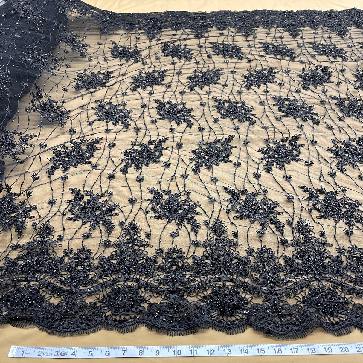 1 Yard Beaded Corded Bridal Lace Fabric Embroidered Polyester Mesh 51" Width