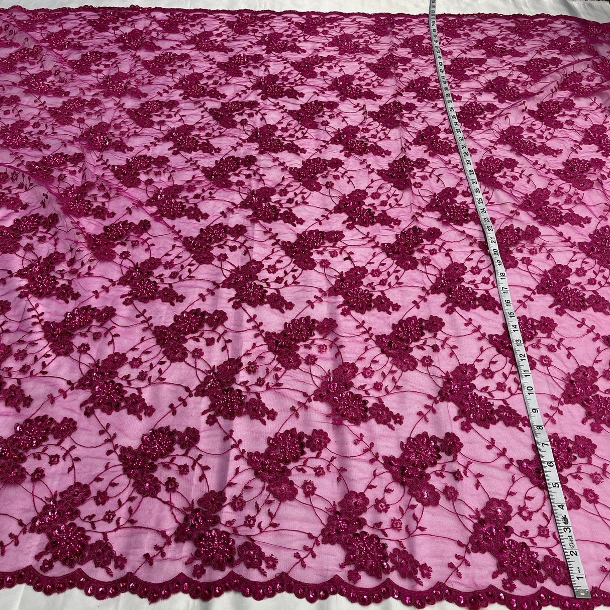 1 Yard Fuchsia Beaded Corded Lace Fabric Embroidered on Polyester Net Mesh 52 inch Width