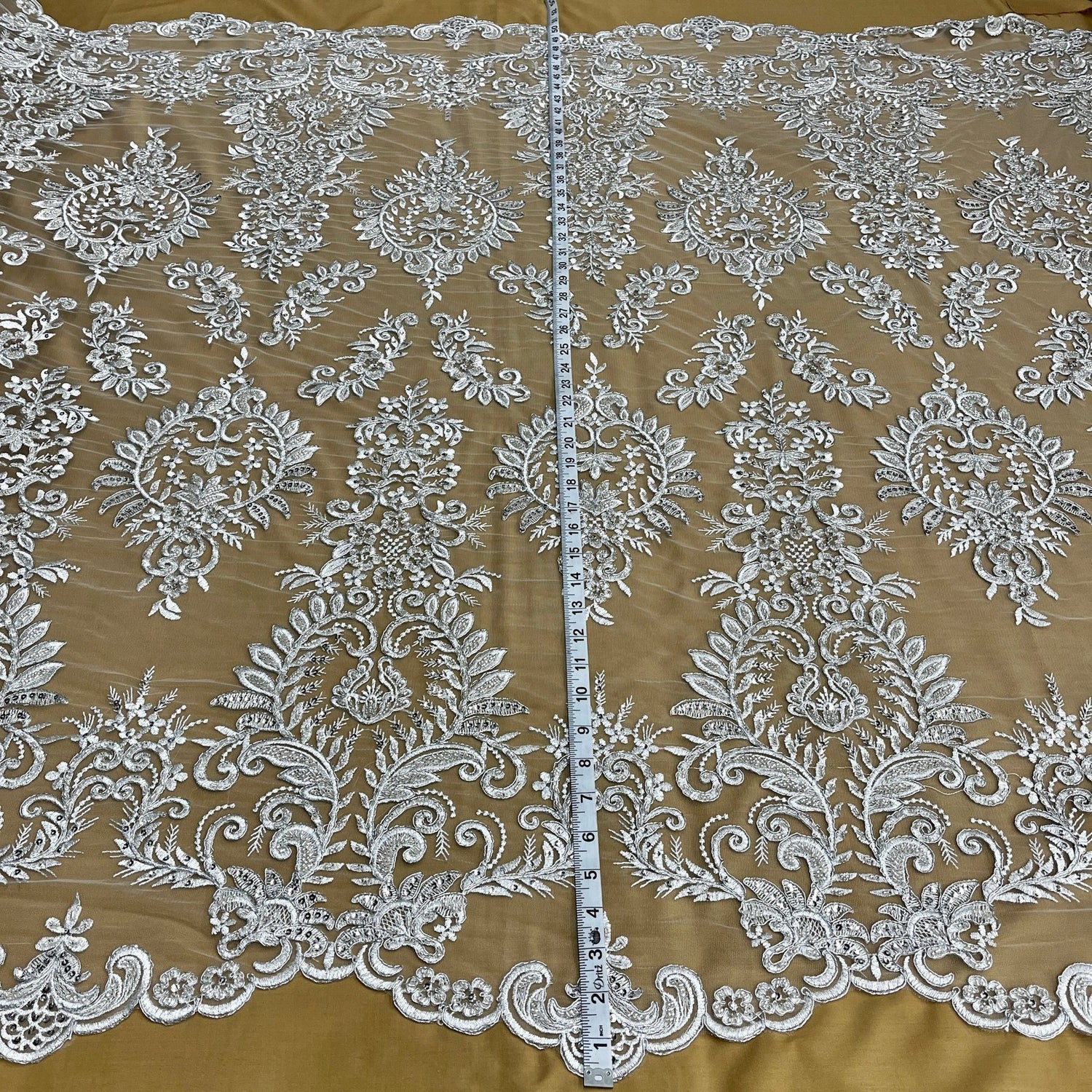 1 Yard Stunning Beaded Corded Bridal Lace Fabric Embroidered on Premium Mesh 52