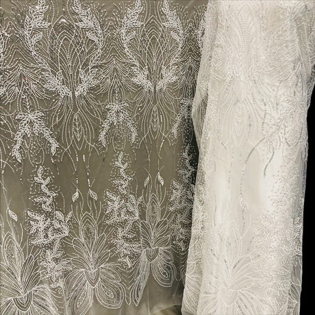 1 Yard Elegant Beaded Lace Fabric Embroidered on Premium Polyester Net Mesh 52