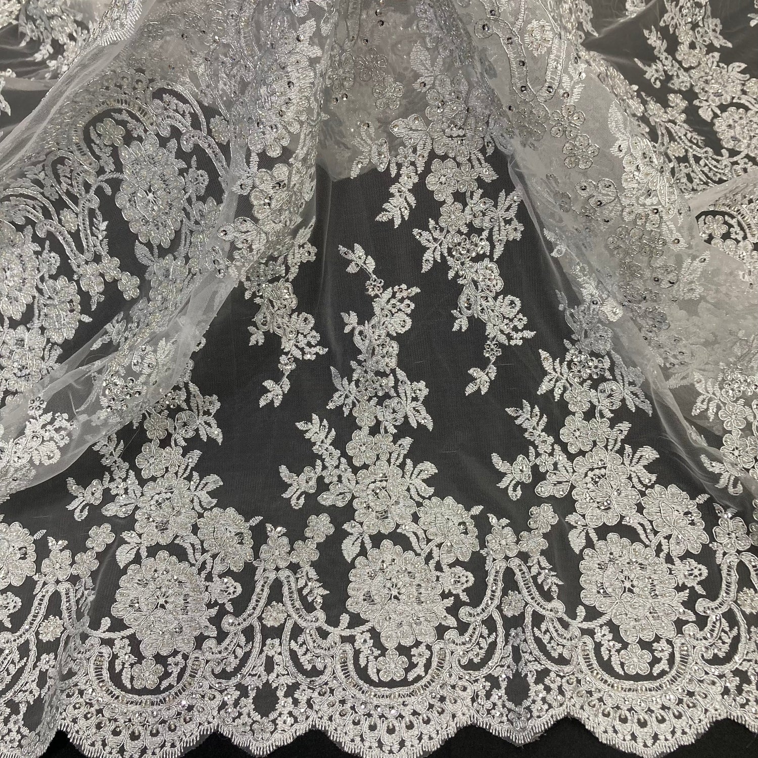 1 Yard Opulent Beaded Corded Bridal Lace Fabric Embroidered on Premium Mesh 48