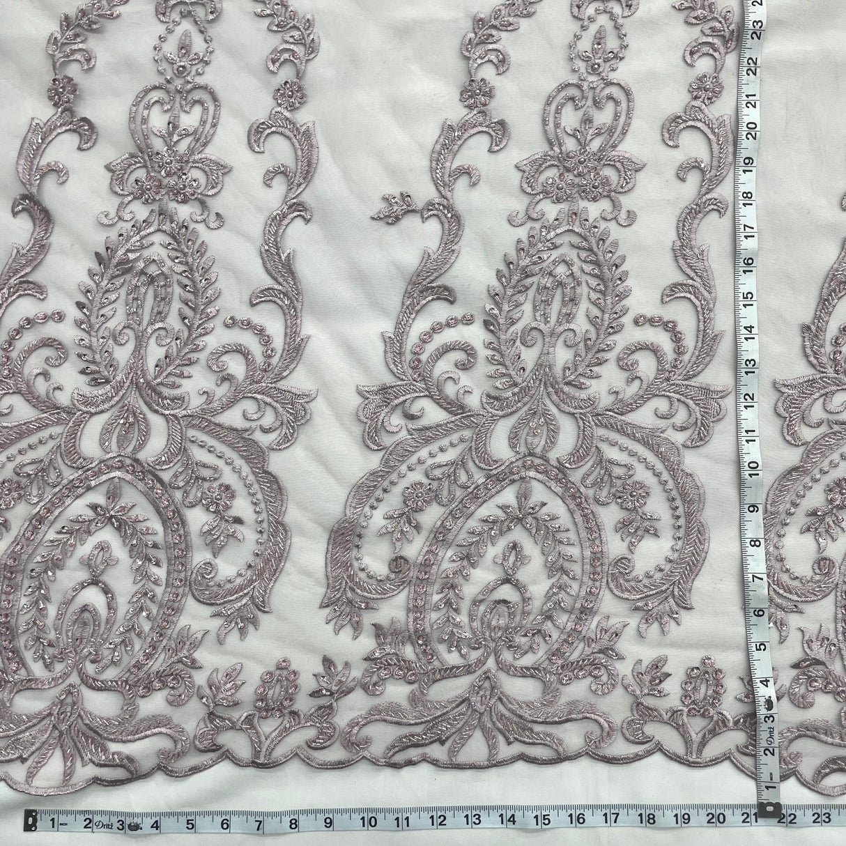 1 Yard Luxurious Beaded and Corded Bridal Lace Fabric Embroidered on Polyester Net Mesh Blush 52" Width
