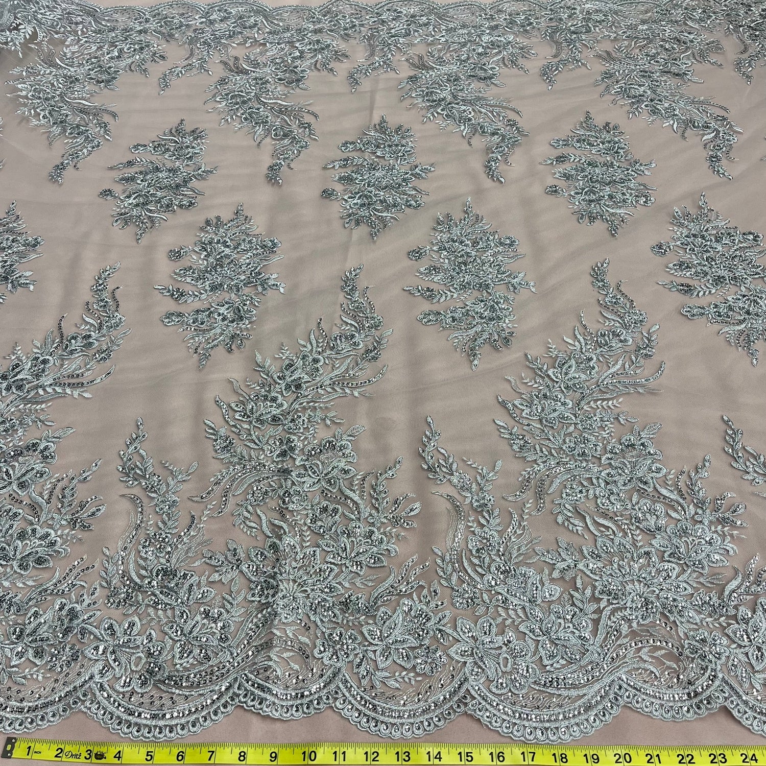 1 Yard Elegant Beaded Corded Bridal Lace Fabric Embroidered on Premium Mesh 56