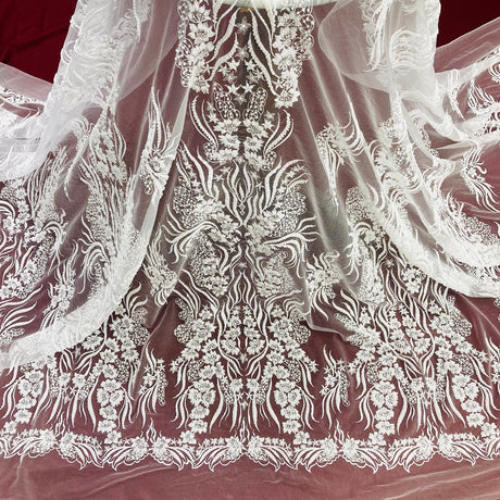 1 Yard Gold Beaded Lace Fabric Embroidered on Polyester Net Mesh 52 Inch Width