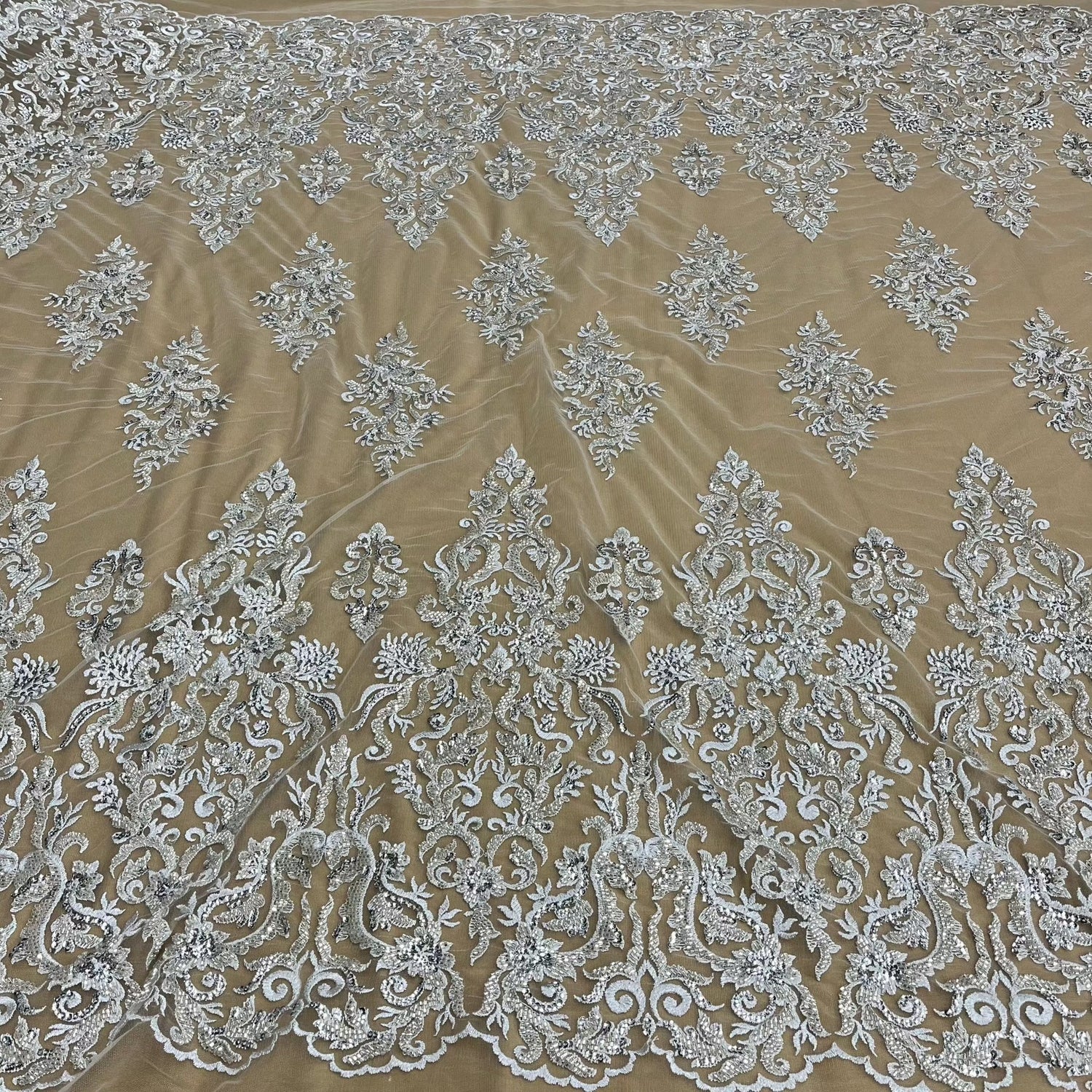 1 Yard Gold Beaded and Sequined Lace Fabric Embroidered on 100 Percent Polyester Net Mesh 52 Inch Width