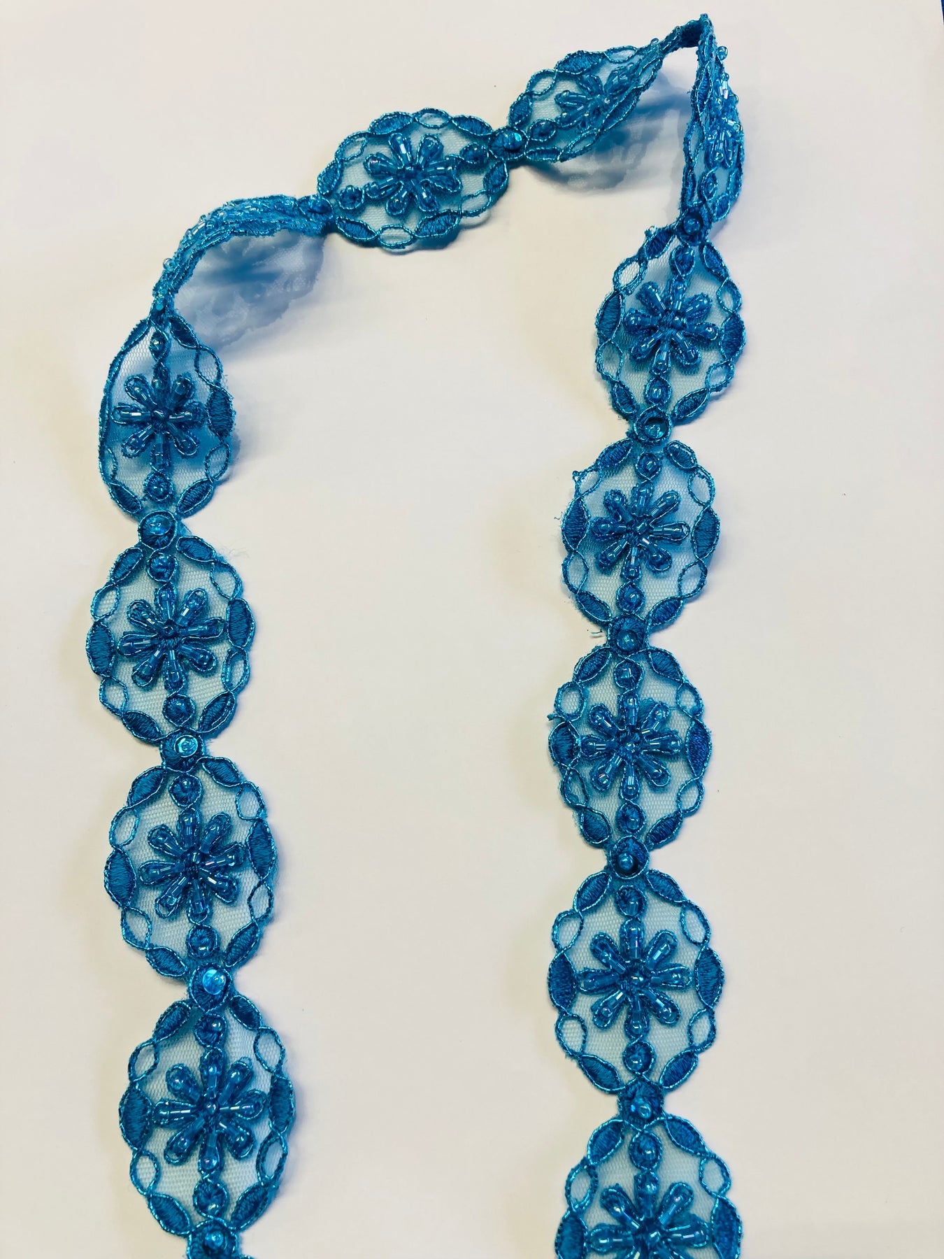 1 Yard Luxury Beaded and Corded Lace Trimming Embroidered on Polyester Net Mesh for Dresses 1.5 Inch Width