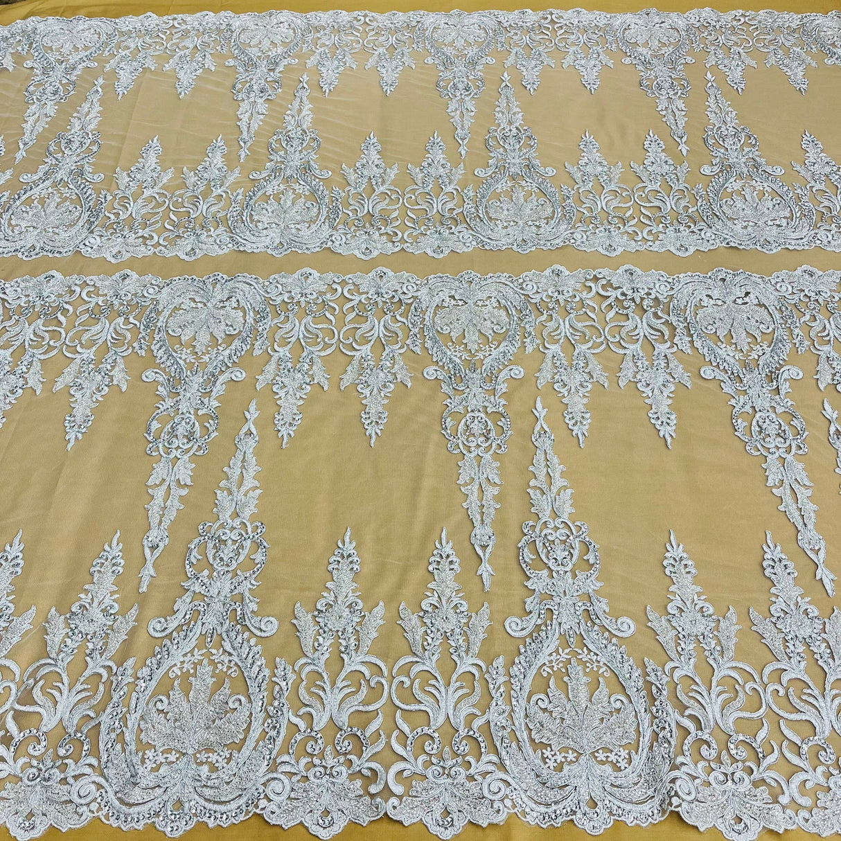 1 Yard Beaded & Corded Bridal Lace Fabric on Polyester Net Mesh, Embroidered Lace Fabric, 51" Width