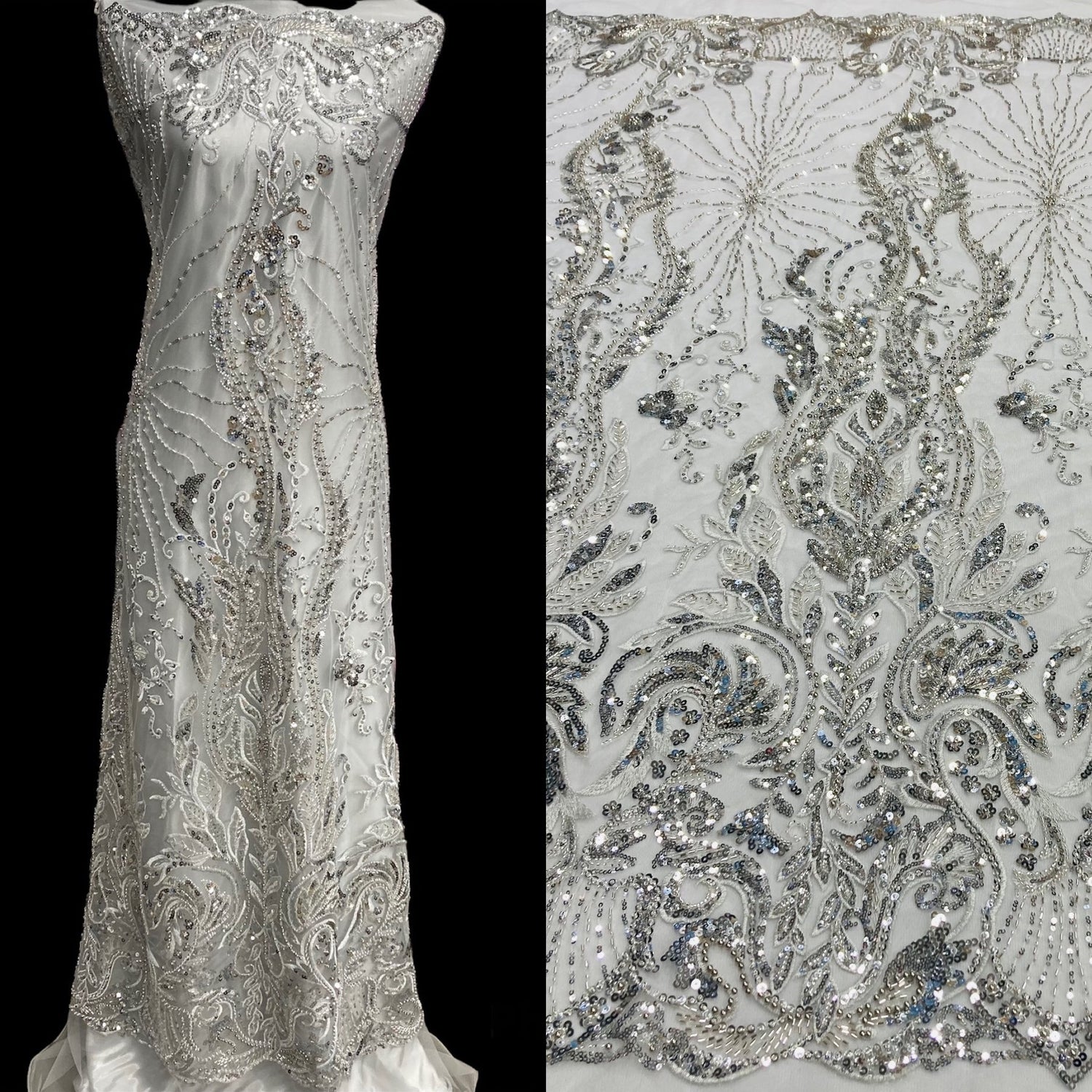 1 Yard Beaded Lace Fabric Embroidered on Polyester Net Mesh for Bridal and Couture 51 inch Width