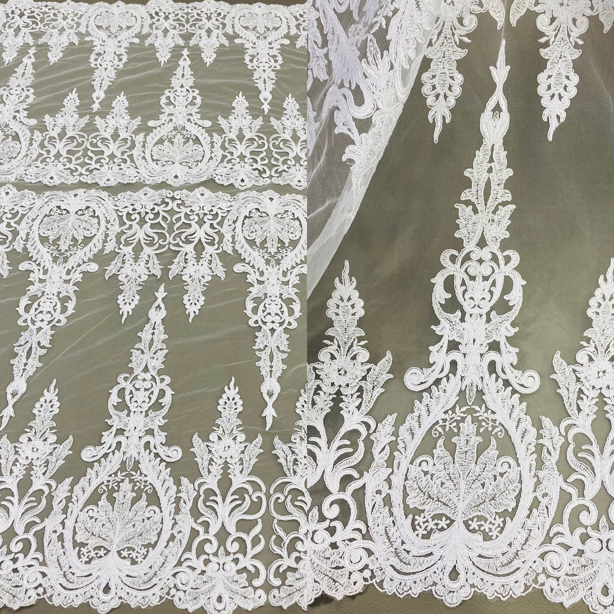 1 Yard Luxurious Corded Bridal Lace Fabric Embroidered on Premium Polyester Mesh 52