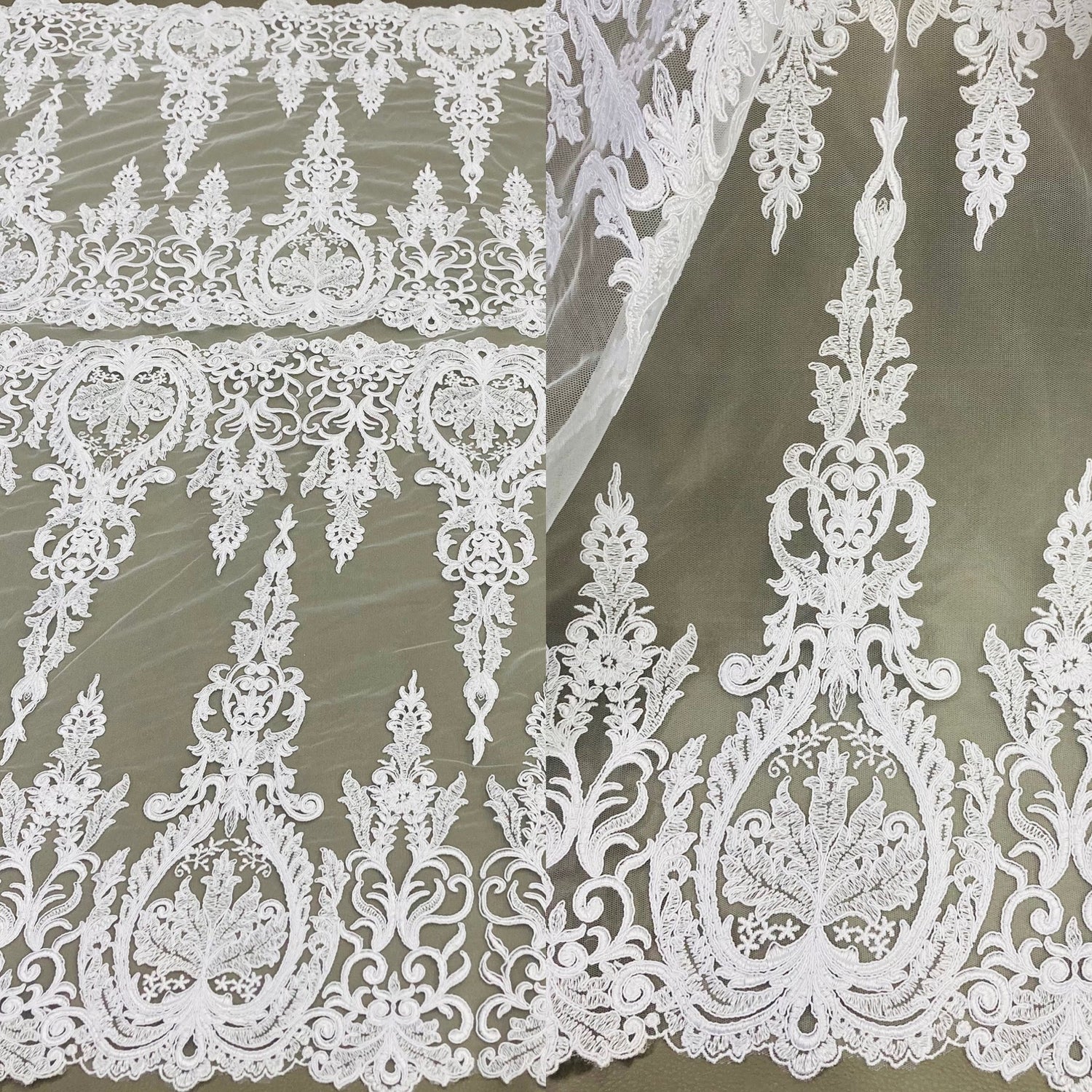 1 Yard Luxurious Corded Bridal Lace Fabric Embroidered on Premium Polyester Mesh 52