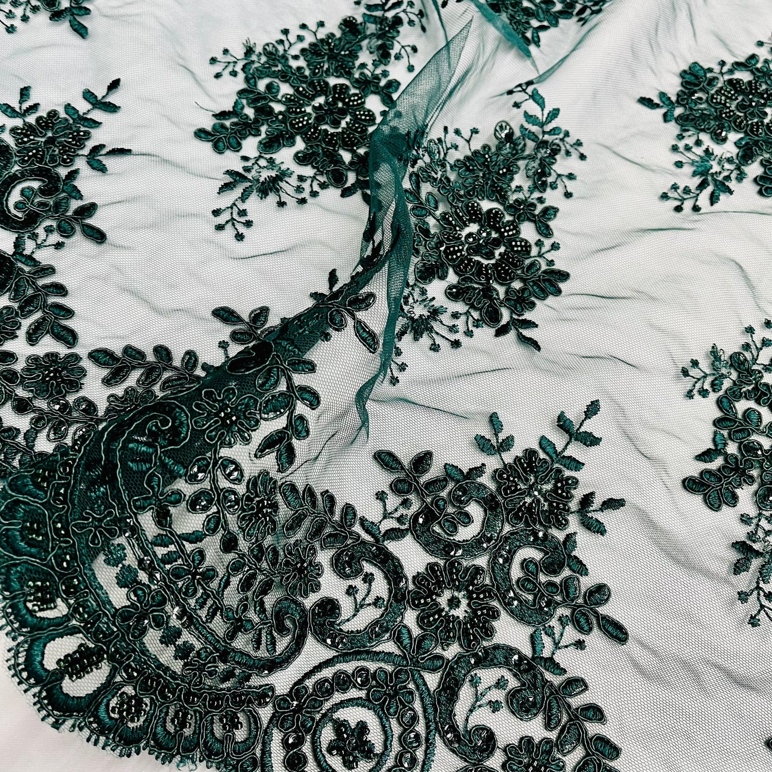 1 Yard Beaded Corded Lace Fabric Embroidered on Premium Polyester Mesh 56