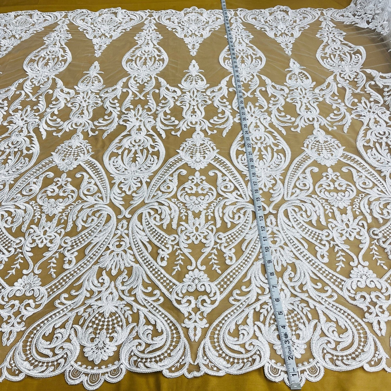 1 Yard Elegant Corded Bridal Lace Fabric Embroidered on Premium Polyester Mesh 54
