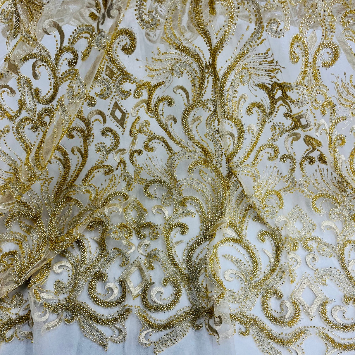 1 Yard Beaded Lace Fabric Embroidered with Fuzzy Thread & Sequins on Polyester Net Mesh for Bridal, Evening & Couture Gowns 49" Wide