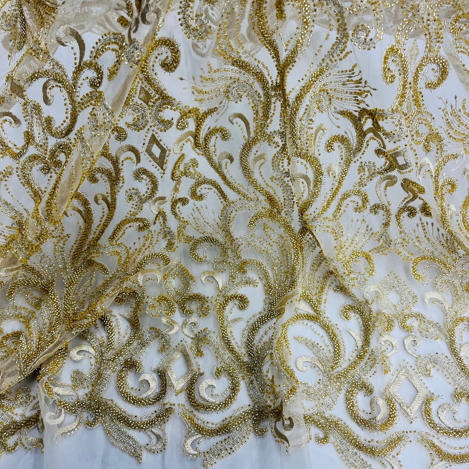 1 Yard Beaded Lace Fabric Embroidered with Fuzzy Thread & Sequins on Polyester Net Mesh for Bridal, Evening & Couture Gowns 49" Wide