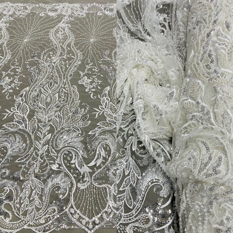 1 Yard Gold Beaded Lace Fabric Embroidered on 100 Percent Polyester Net Mesh 51 Inch Width
