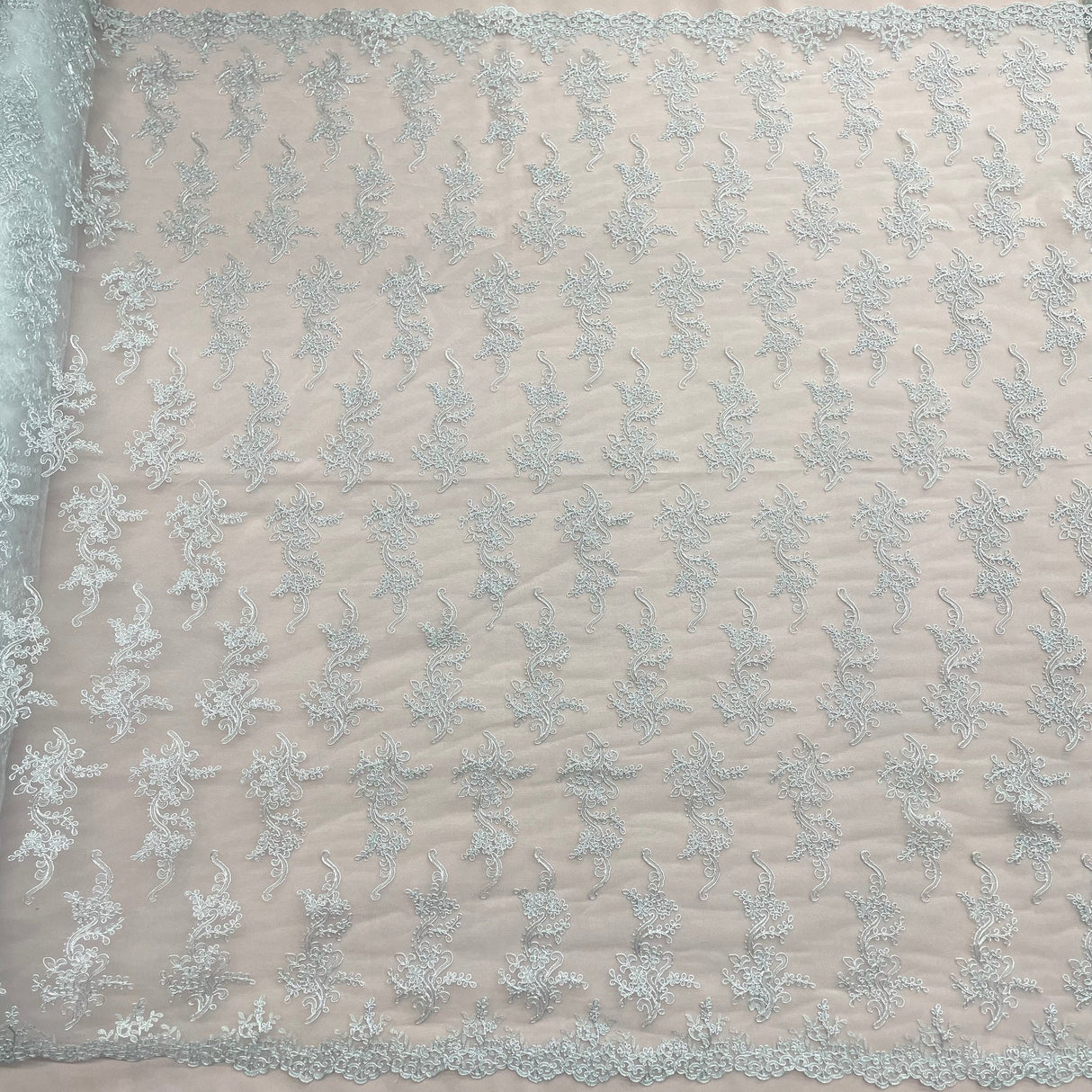 1 Yard Ivory with Silver Corded Bridal Lace Fabric Embroidered Polyester Net Mesh 54 Inch Width