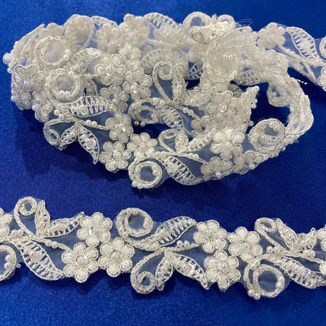 1 Yard Exquisite Beaded & Corded Lace Trimming Embroidered on 100% Polyester Organza for Bridal and Evening Dresses 1.5 Inch Width