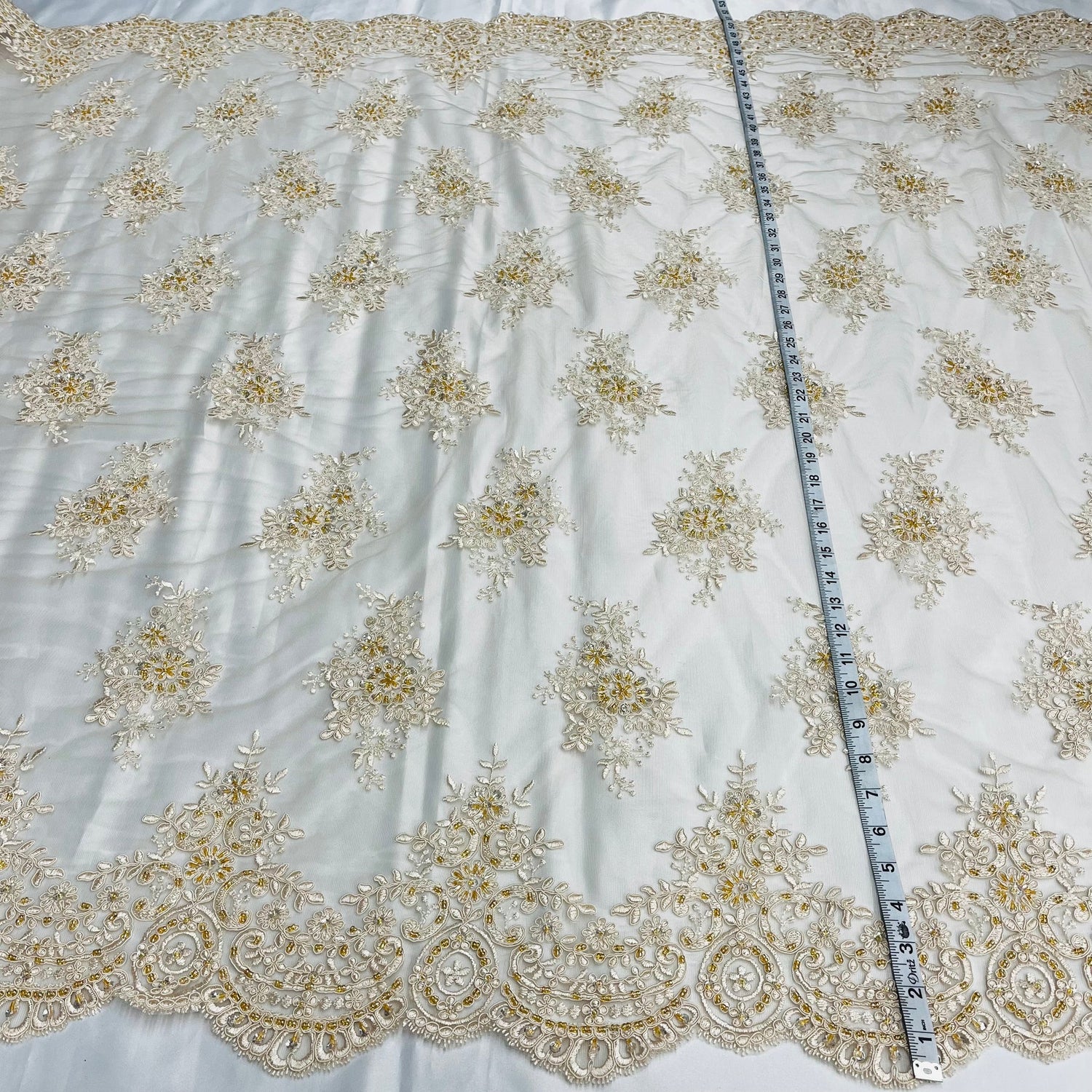 1 Yard Glamorous Beaded Corded Lace Fabric Embroidered on Premium Polyester Mesh 56