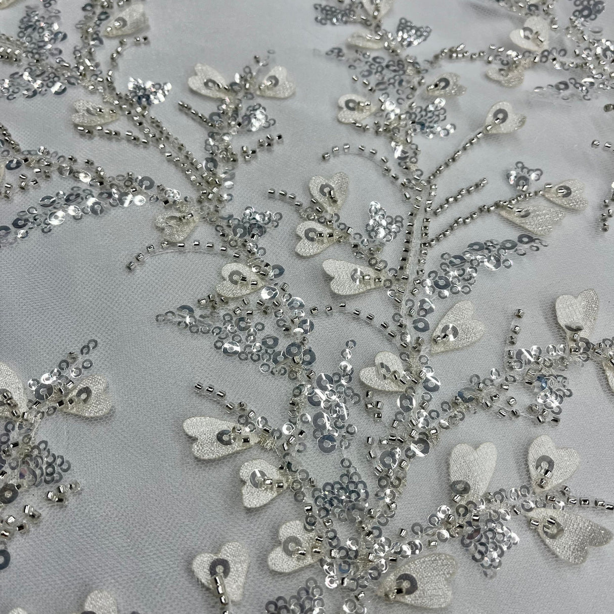 1 Yard Ivory Silver Beaded 3D Floral Lace Fabric, Embroidered Polyester Mesh, 54" Wide