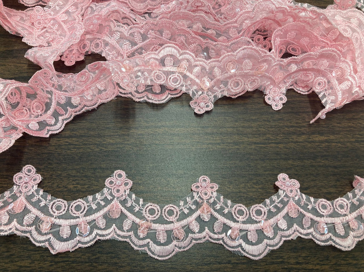 1 Yard Beaded Lace Trimming on Organza | 2.25" Wide | Decorative Beaded Trim for Bridal, Formalwear & Costumes