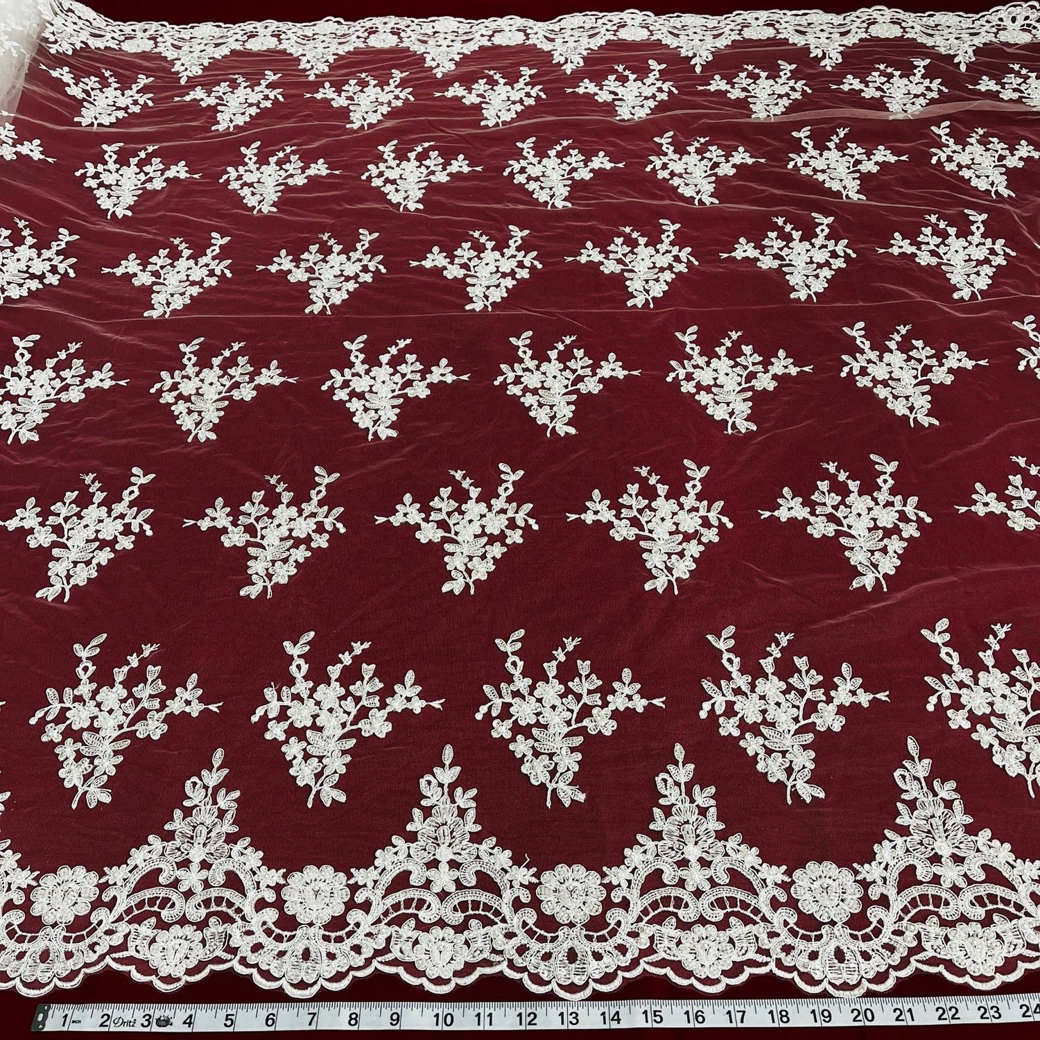 1 Yard Luxurious Beaded Corded Bridal Lace Fabric Embroidered on Premium Mesh 56