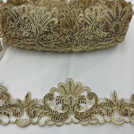 1 Yard Premium Beaded & Corded Floral Lace Trimming on 100% Polyester Net Mesh for Dresses 3.5 Inch Width