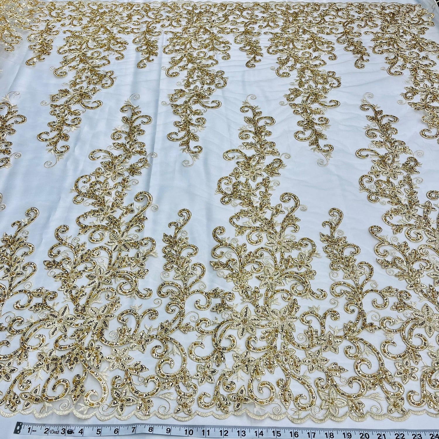 1 Yard Beaded & Corded Bridal Lace Fabric Embroidered on 100% Polyester Net Mesh | Lace USA - 97219W-HB - Silver - 51"