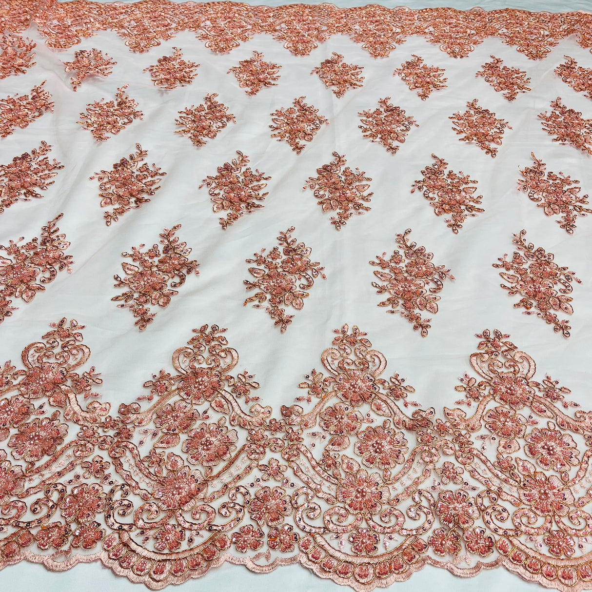 1 Yard Dusty Rose Beaded Corded Lace Fabric with Scallops Embroidered on 100% Poly Metallic 54 Inch Wide