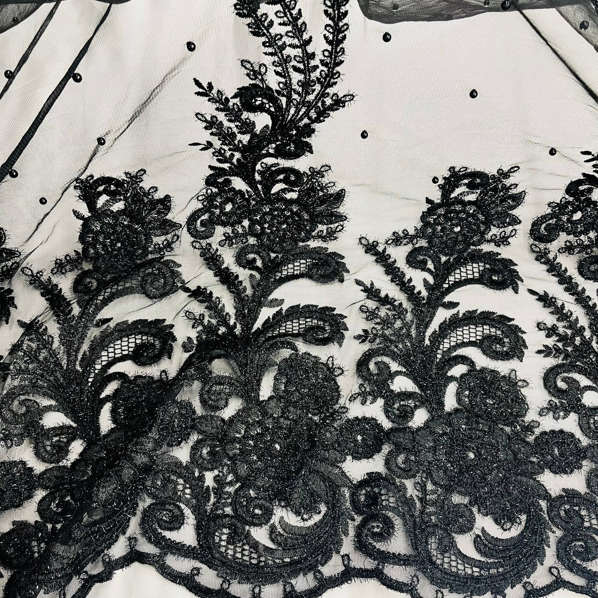 1 Yard Black Beaded Corded Lace Fabric for Couture Bridal Gowns Dance Dresses 56" Width