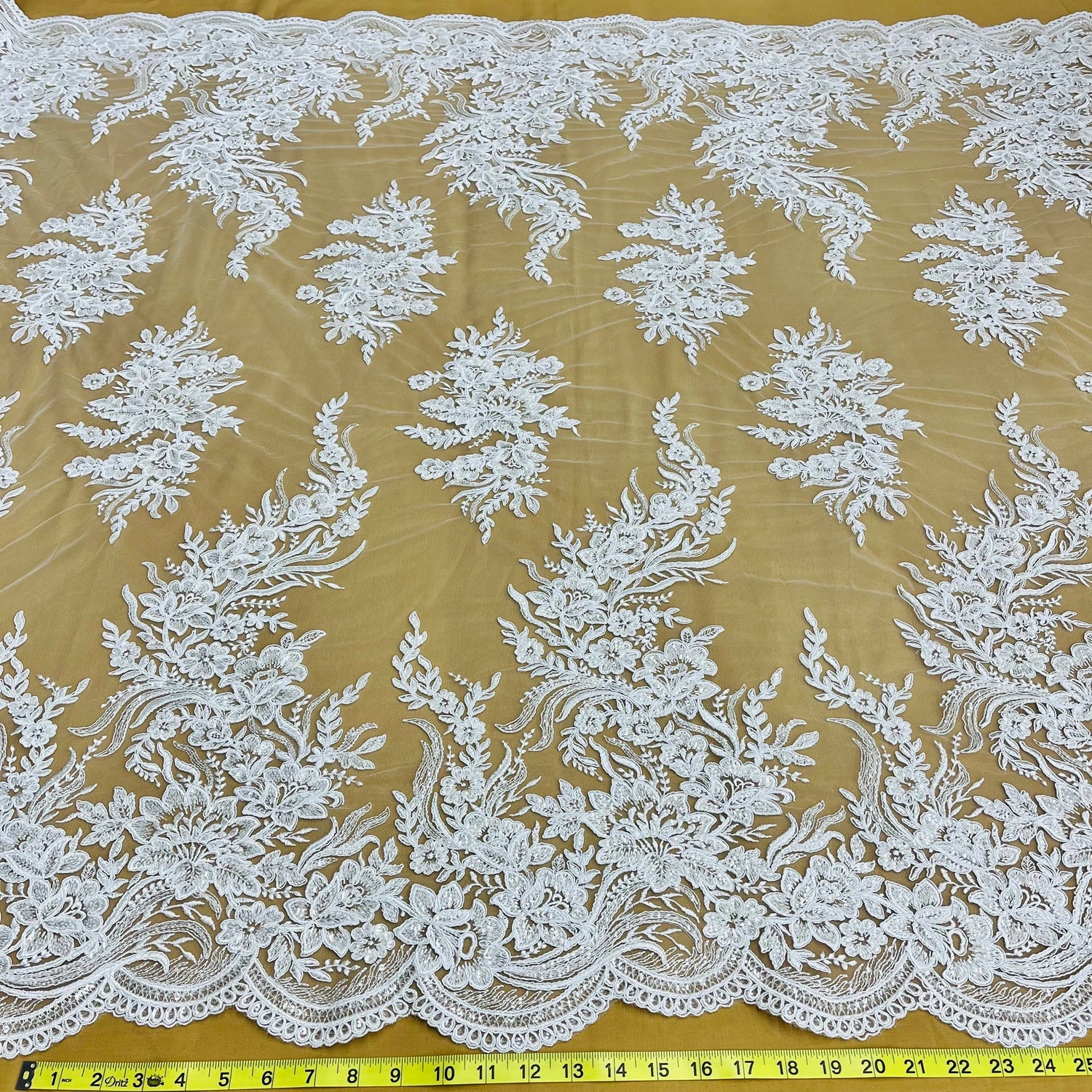 1 Yard Elegant Beaded Corded Bridal Lace Fabric Embroidered on Premium Mesh 56