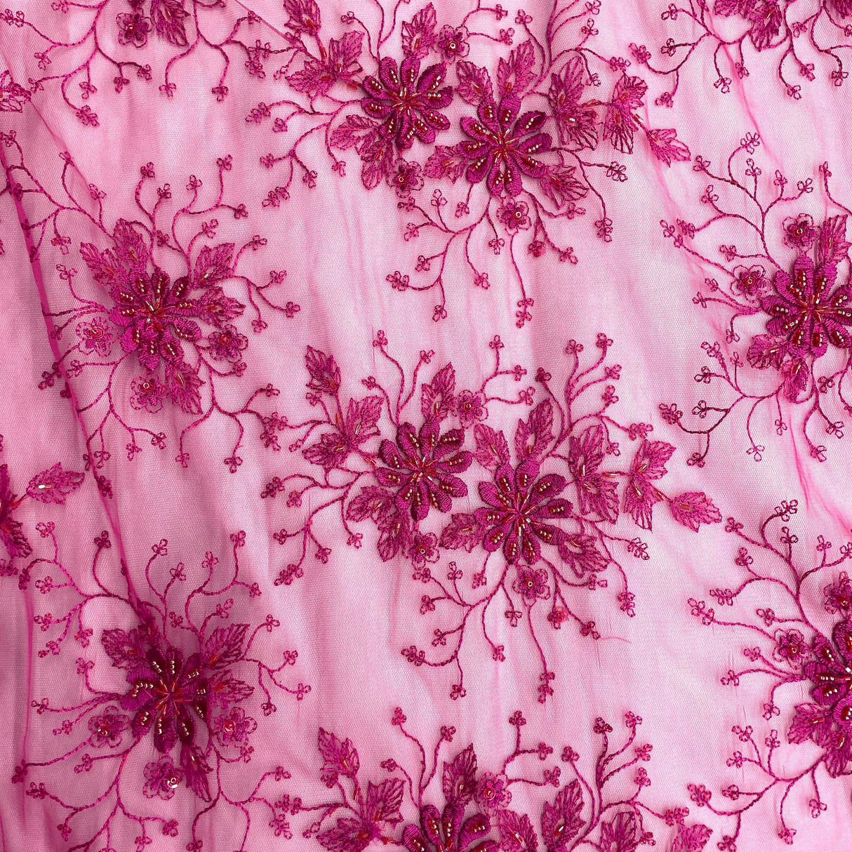1 Yard Fuchsia Beaded Lace Fabric Embroidered on Polyester Net Mesh 52 Inch Width