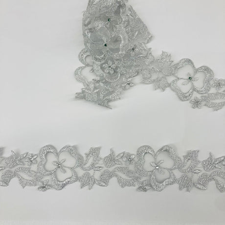 1 Yard Beaded Lace Trimming Embroidered on Organza | 2" Wide | Elegant Beaded Trim for Bridal & Formalwear