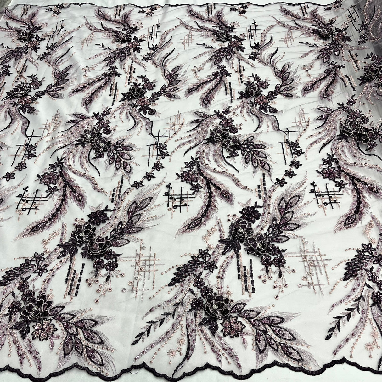 1 Yard Beaded Rhinestone 3D Floral Lace Fabric for Bridal Gowns Costumes Dresses 50" Width