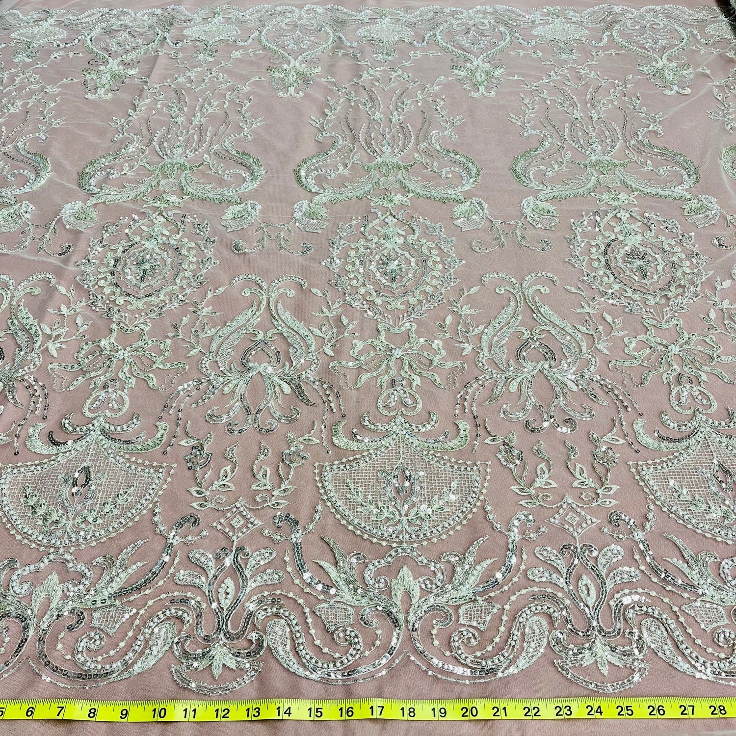 1 Yard Antique Silver Beaded Lace Fabric Embroidered on Polyester Net Mesh Pearls Detail 51 Inch Width