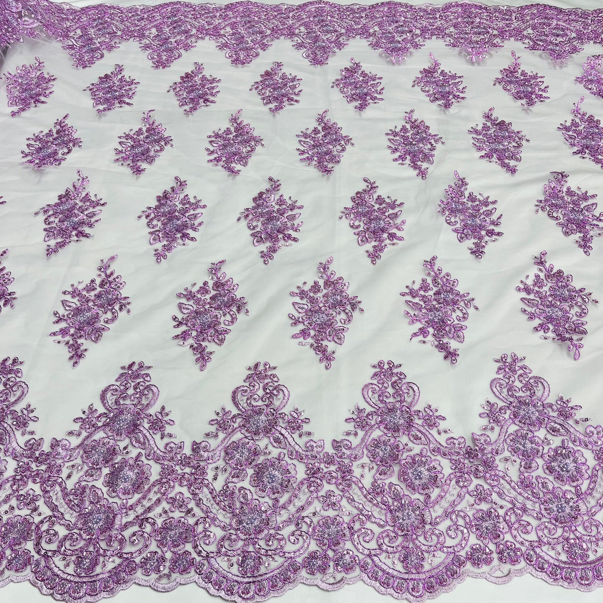 1 Yard Dusty Rose Beaded Corded Lace Fabric with Scallops Embroidered on 100% Poly Metallic 54 Inch Wide
