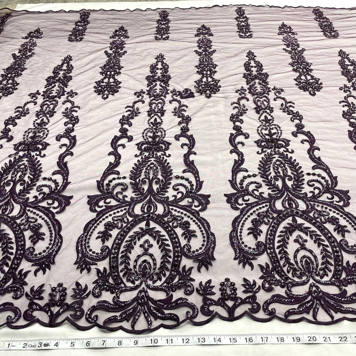 1 Yard Luxurious Beaded and Corded Bridal Lace Fabric Embroidered on Polyester Net Mesh Blush 52" Width