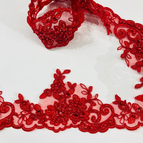 1 Yard  Embroidered on 100% Polyester Organza 4.5″ Wide Beaded & Corded Lace Trimming