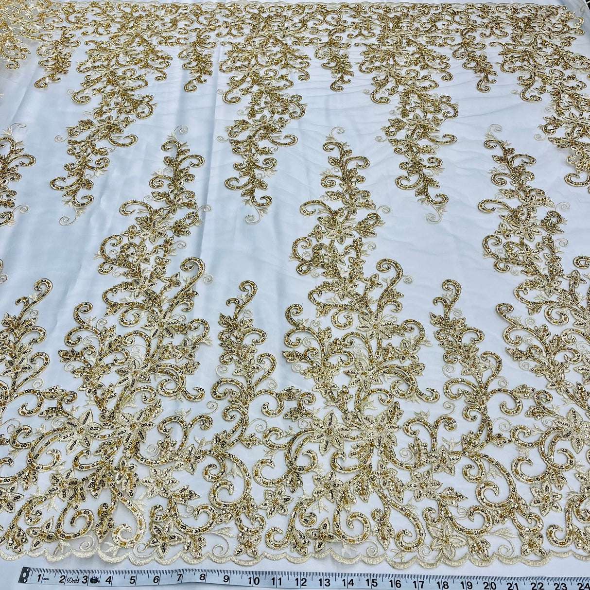 1 Yard Ivory Beaded & Corded Bridal Fabric Lace Embroidered on Polyester Net Mesh, 51" Width, Elegant Wedding Fabric