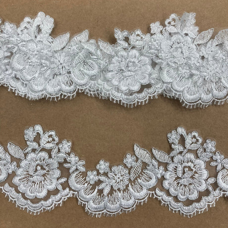 1 Yard Corded Lace Trimming on Net Mesh | 3.5" Wide | Handmade Embroidered Trim for Dresses & Costumes