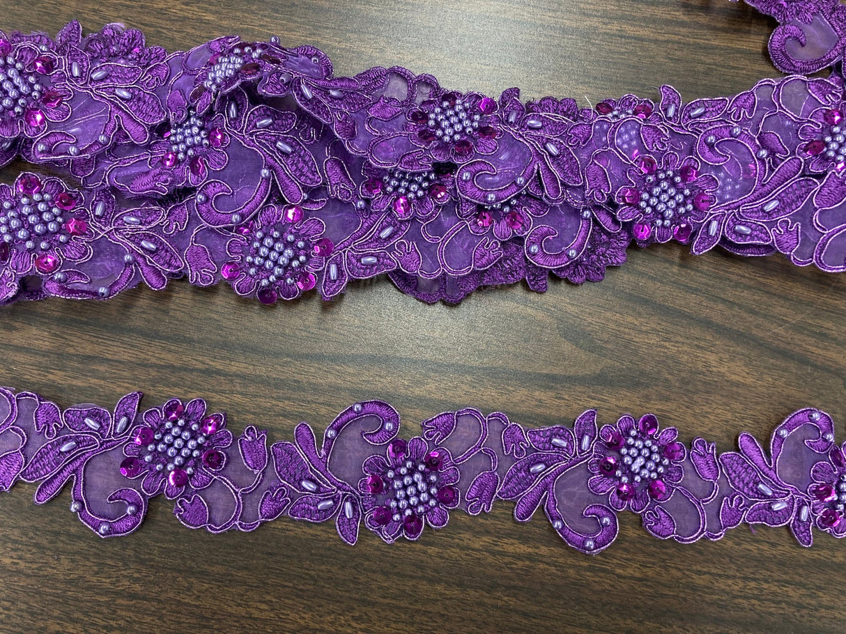 1 Yard Handmade Beaded & Corded Lace Trimming Embroidered on Polyester Organza 2 Inch Width