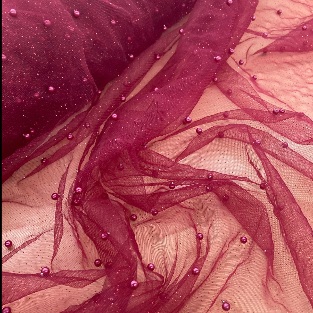 1 Yard Hunter Green Glitter Mesh Fabric with Scattered Pearls Stretch 60 Inch Width