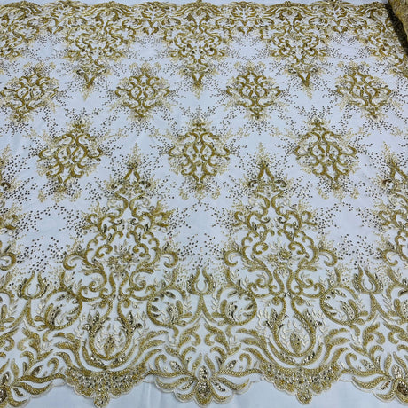 1 Yard Gold Beaded and Corded Bridal Lace Fabric Embroidered on 100 Percent Polyester Net Mesh 56 Inch Width