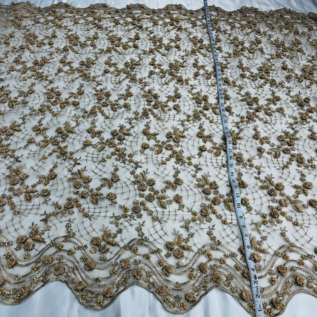 1 Yard Stunning Beaded 3D Floral Lace Fabric Embroidered on Premium Mesh 52