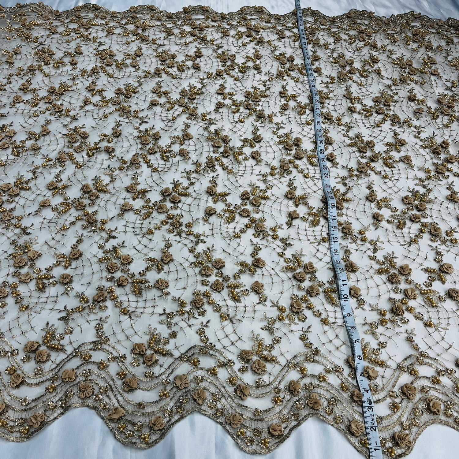 1 Yard Stunning Beaded 3D Floral Lace Fabric Embroidered on Premium Mesh 52