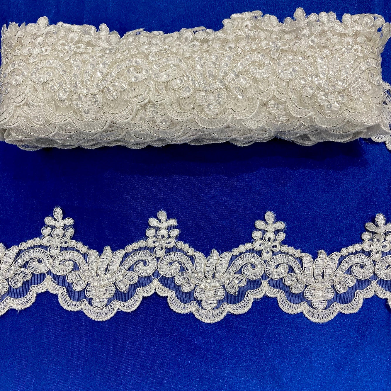 1 Yard Beaded & Corded Lace Trimming on Net Mesh – 3" Wide with Silver | Embroidered Couture Lace for Dresses
