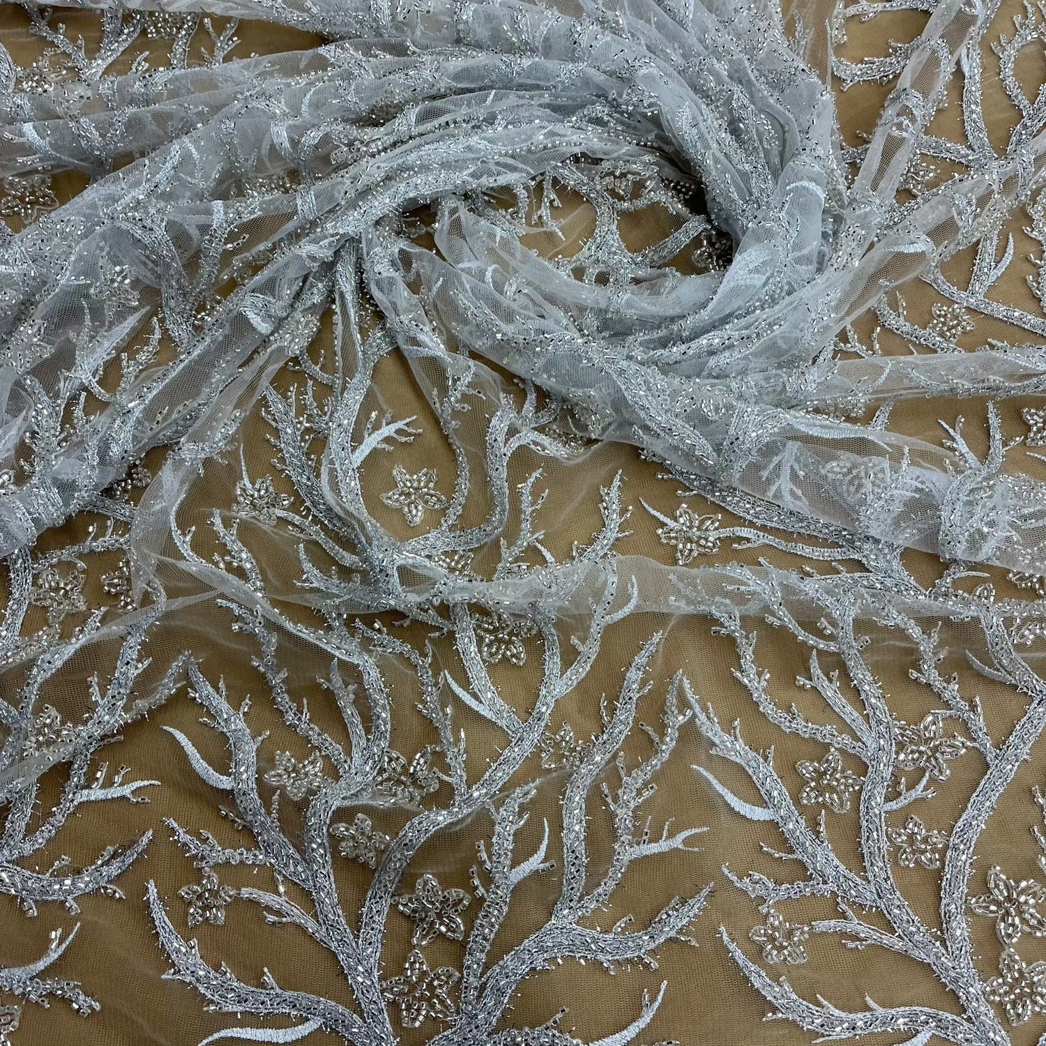 1 Yard Beaded Lace Fabric with Fuzzy Thread Embroidery on Polyester Net Mesh, 54" Wide Bridal & Evening Fabric